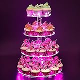 YestBuy 4 Tier Round Cupcake Stand – Premium Cupcake Holder – Acrylic Cupcake Tower Display – Acrylic Display for Pastry + LED Light String – Ideal for Weddings, Birthday Parties & Events (Pink)