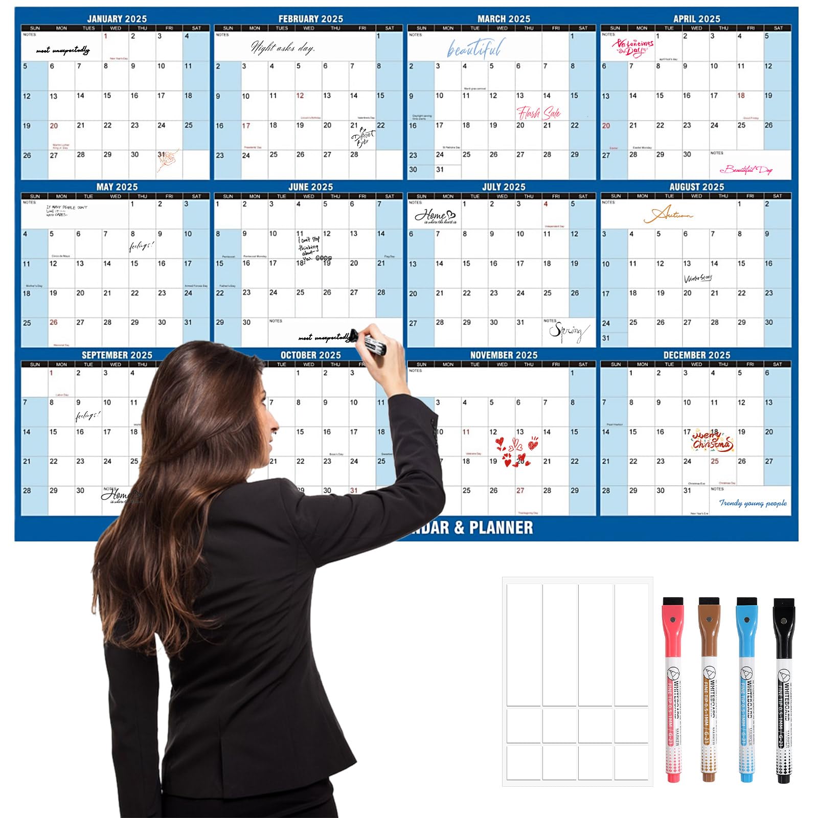 32" X 48" SwiftGlimpse 2025 Wall Calendar Erasable Large XL Wet & Dry Erase Laminated 12 Months Annual Wall Planner, Reversible, Navy Blue