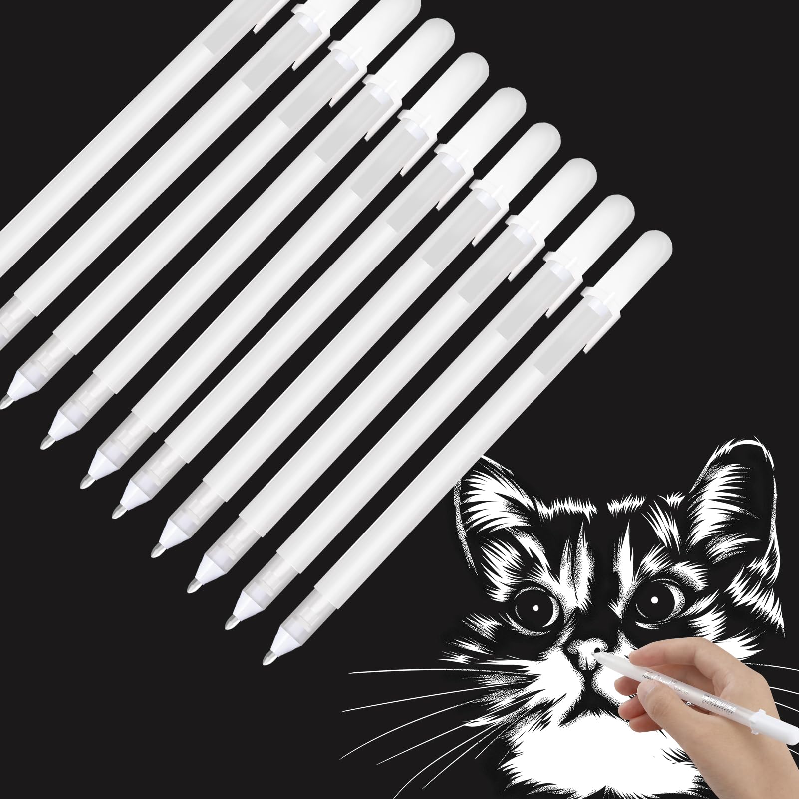 10pcs White Gel Pen Set,0.8mm Nibs Fine Point Gel Pen Set for Black Paper,White Ink Rollerball Pens for Art,Drawing,Adult Coloring Books,Illustration,Note-Taking,Writing (10pc-white)