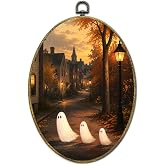 Ghost Town Wall Art Decor, Halloween Oval Canvas Framed Prints | Three glowing ghosts oval wall art with autumn town street, perfect for Halloween, entryway, bedroom, and cozy seasonal decor