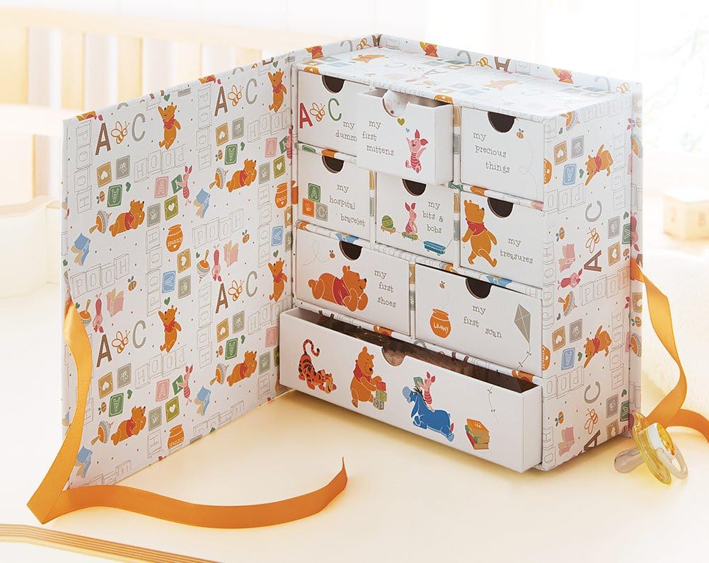 Christening Baby Keepsake Box - Winnie the Pooh themed - 8 storage draws, various sizes