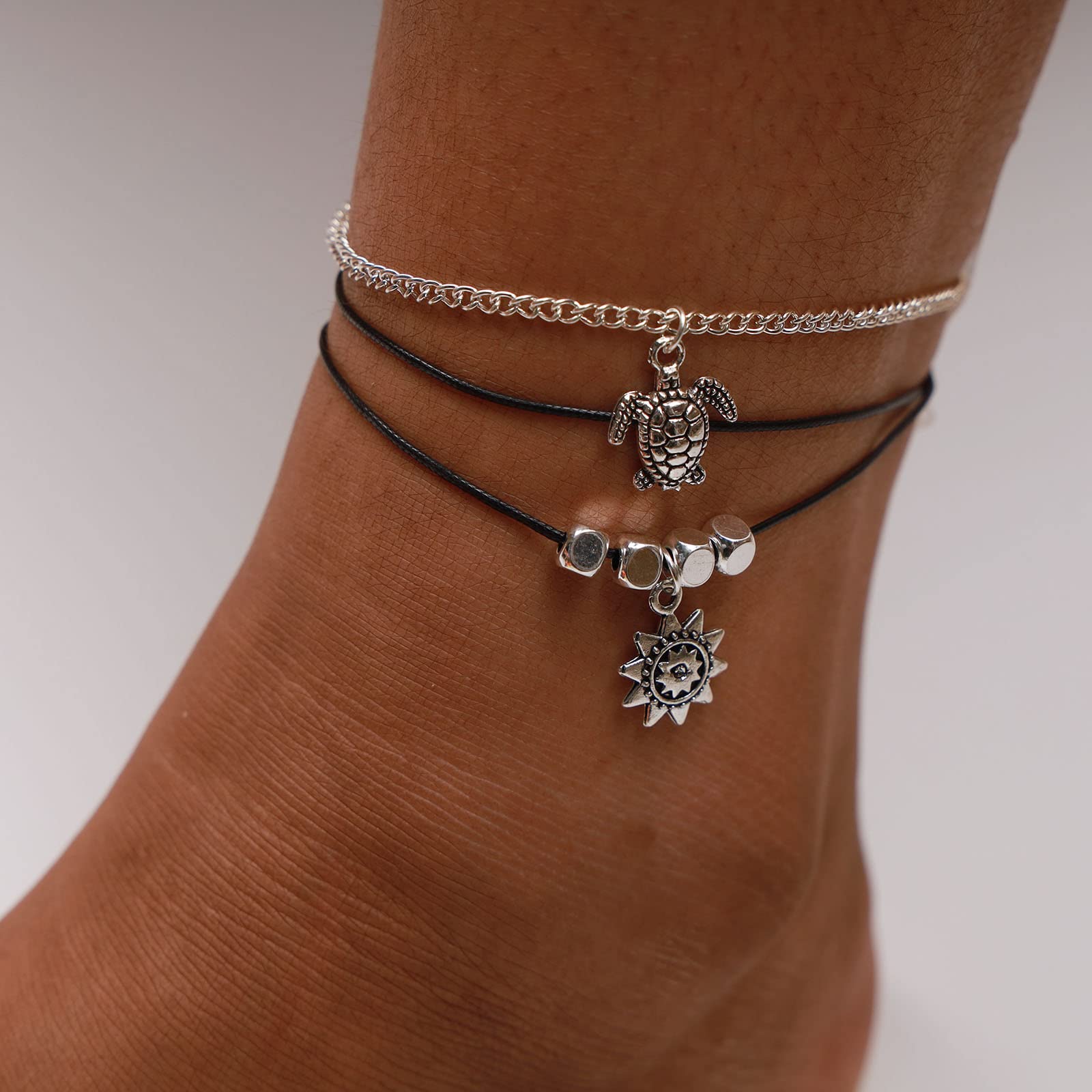 TseenYi Boho Beach Layered Rope Anklet Bracelet Turtle Sun Animal Anklet Barefoot Sandals Anklet Fashion Handmade Foot Jewelry for Women and Girls(Silver 2 Pcs)