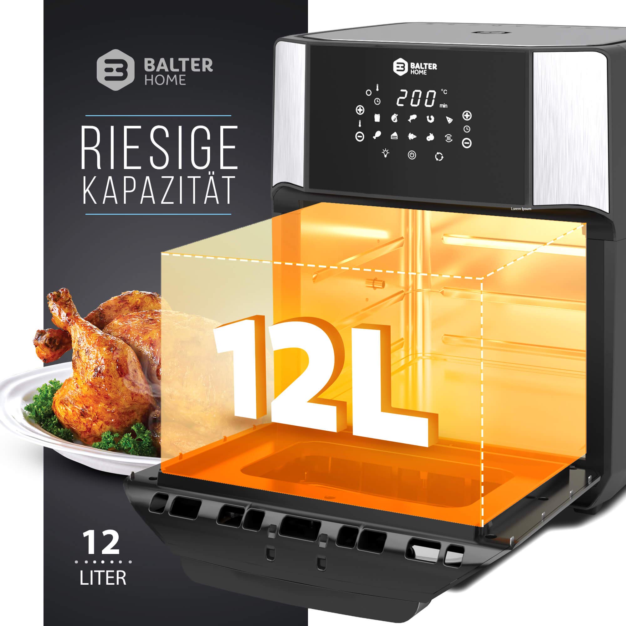 Balter Heißluftfritteuse Airfryer, 12 Liter XXL, Mini Backofen, Dörrautomat, Friteuse Heissluftfritteuse, 10 Programme, all-in-1 Air Fryer, Rezeptbuch, HL-1200 5