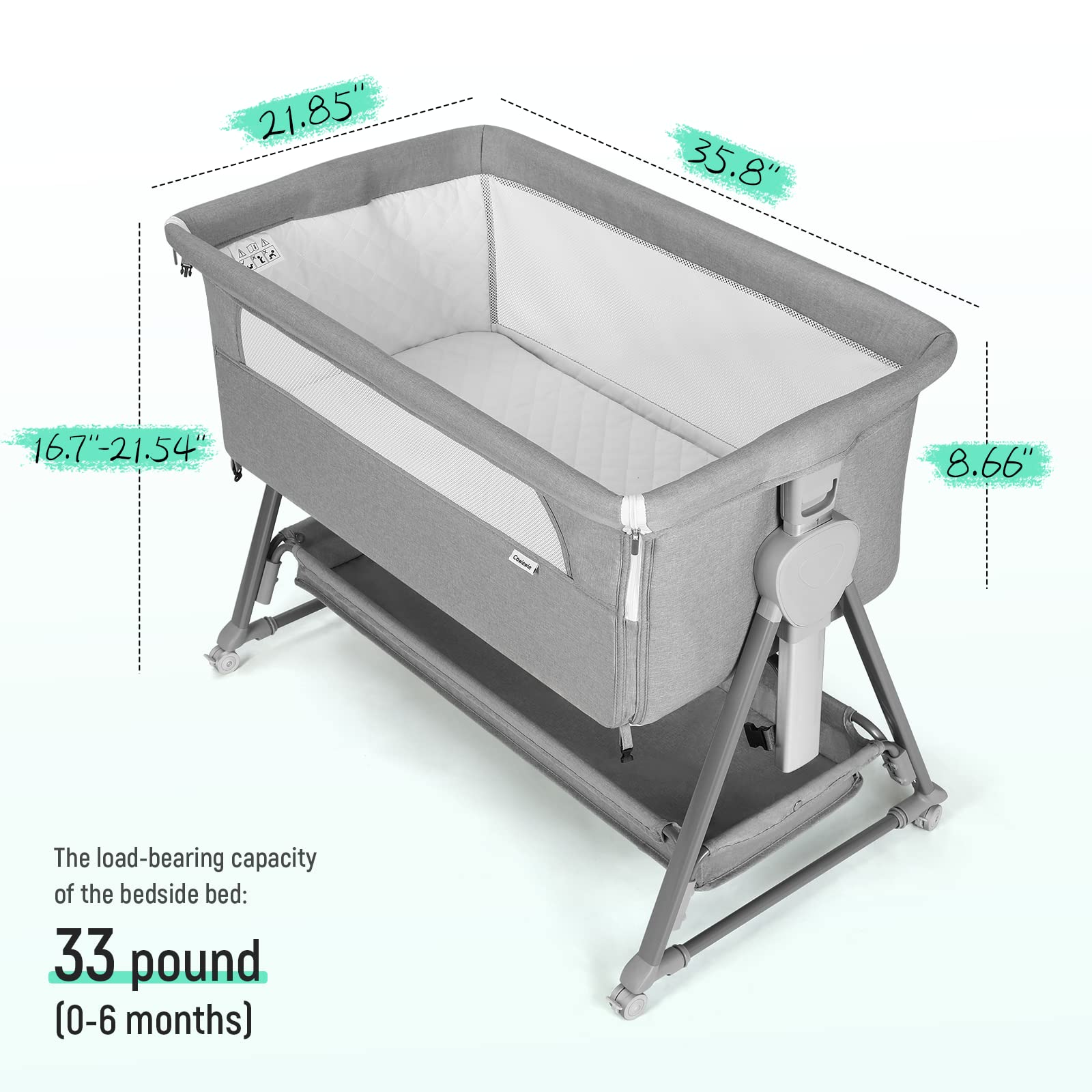 Cowiewie Bassinet Bedside Sleeper, Baby Bassinet with 7 Adjustable Height, Bedside Bassinets for Baby with Breathable Mesh Sides & Mattress, XL Storage, Easy Folding Crib (Pyramid Light Gray)