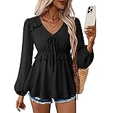 Vivilli Women's Blouses Dressy Casual Ruffle V Neck Tops Ruched Waist Lantern Long Sleeve Shirts Fall Outfits