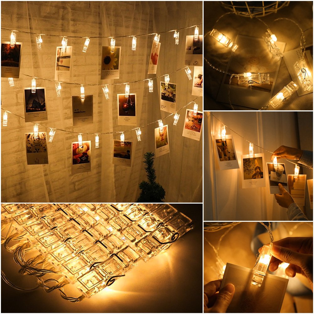 Amteker LED Foto Clip Stringa Illuminazione con Telecomando e Timer - 40 Foto Clip Batteria Alimentato 5M Luci Immagine Illuminazione per Decorazione Tabella Foto,Note,Opera D\'arte (Bianco Caldo)