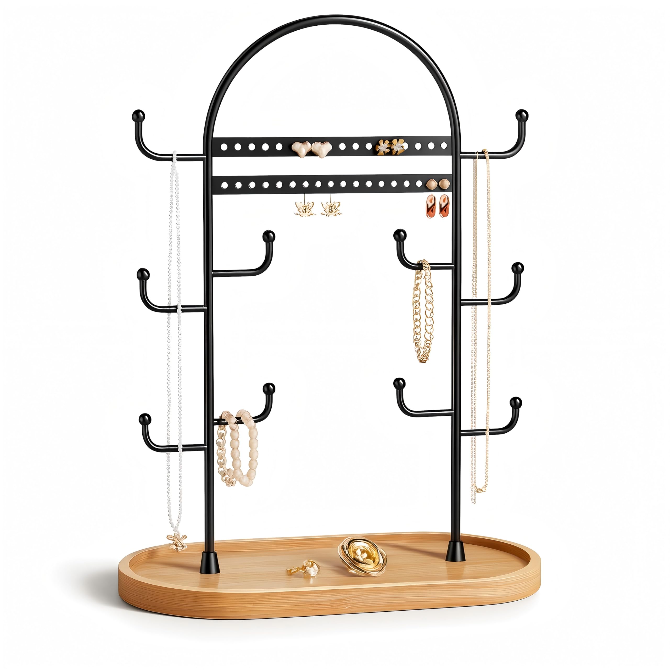 niffgaff 12.9'' Jewelry Stand Jewellery Organiser Necklace Earring Holder Necklace Display Stand Hanging Ring Bracelet Storage Black With Wooden Tray