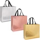 PHOGARY 15Pcs Iridescent Glossy Gift Bags with Handles & Sturdy Base, 12.6x4.7x11 In Reusable Christmas Gift Bags, Non-woven Goodie Bag Bulk for Birthday, Wedding, Holiday Party- 3 Colors