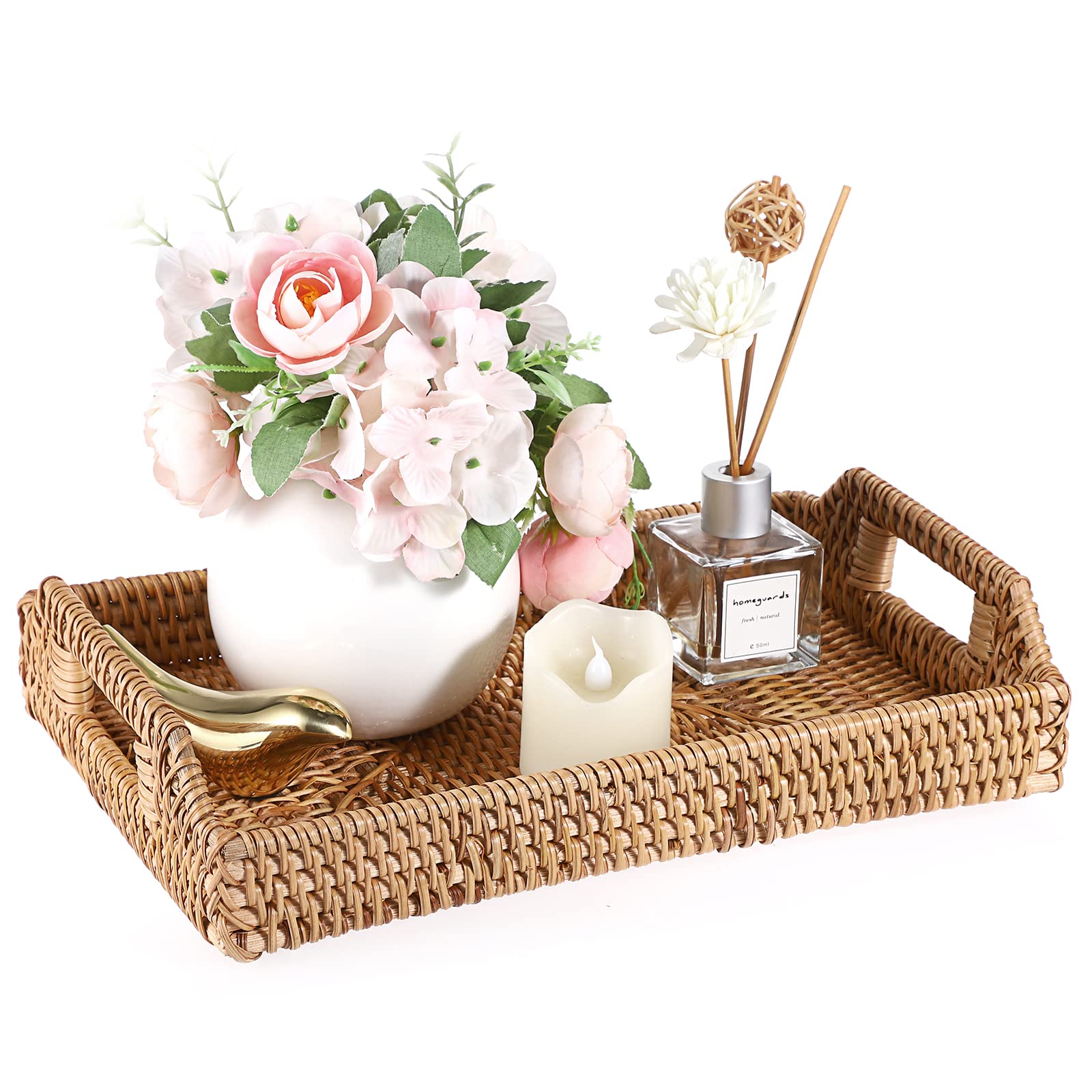 Sumnacon Rectangular Rattan Woven Serving Tray Display Storage Platters with Handle Table Desktop Organiser Tray for Coffee, Drink, Breakfast, Tea, Candle