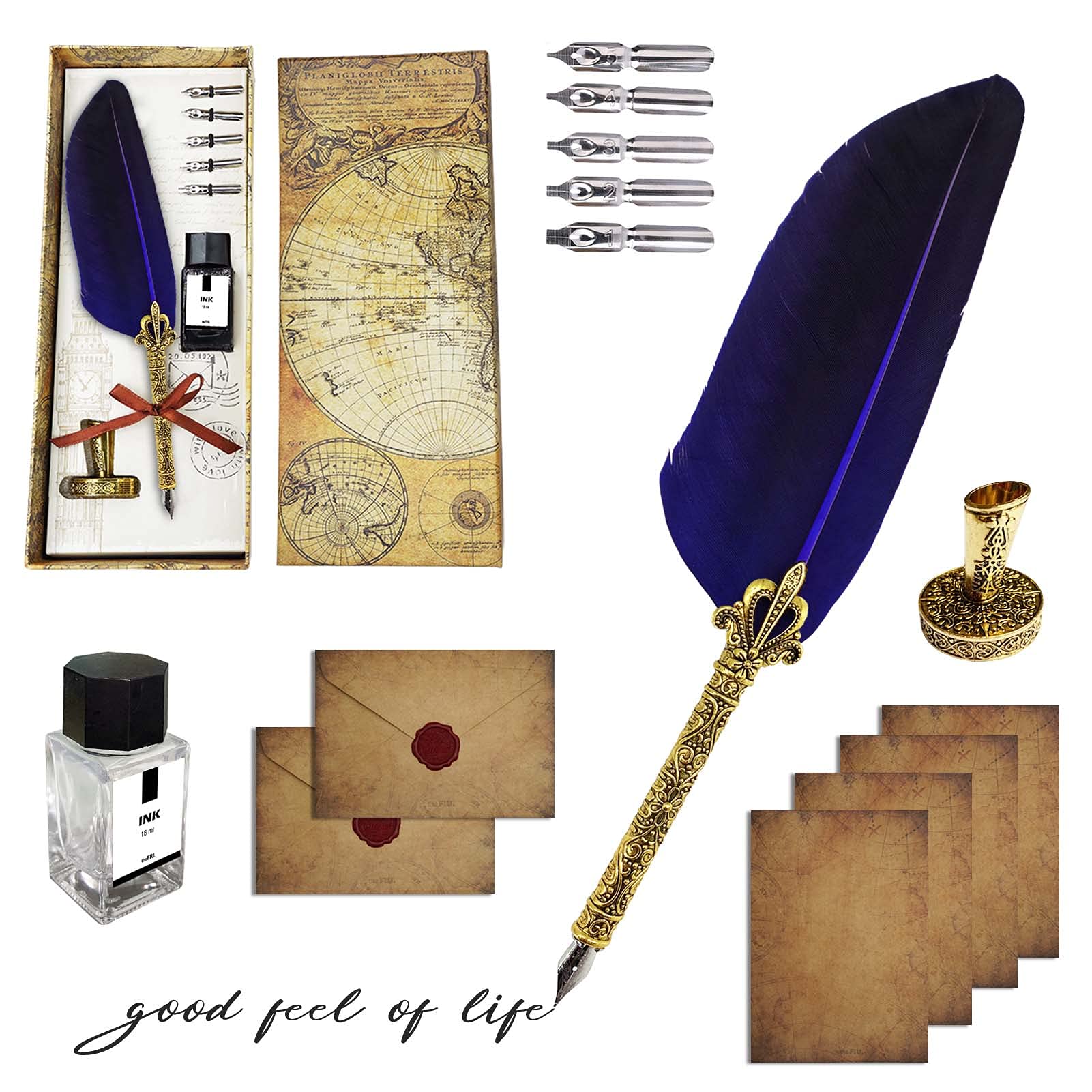 Quill Pen, theFIU. Upgraded Fountain Pen for Writing, Calligraphy Pen Set, Handcrafted Feather Pen, Antique Dip Pen with Ink Bottle (NO INK) and 5 Replacement Nibs for Stationery Gift (royal blue)