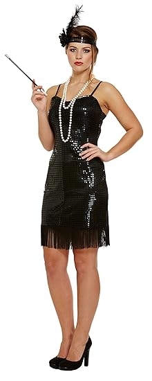 Emmas Garderobe 20s Schwarz Great Gatsby Flapper-Kleid - Mit Schwarz Pailletten-Kleid und Feder-Stirn 1920er Jahre Gangster K
