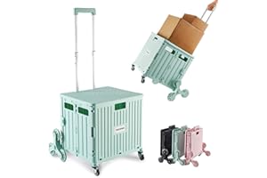 MACOPRO Foldable Utility Cart with Stair Climbing Wheels, Collapsible Rolling Crate with Telescoping Handle, Shopping Trolle Handcart Grocery Book File Tool Art Supplies Teacher Storage Basket(Green)