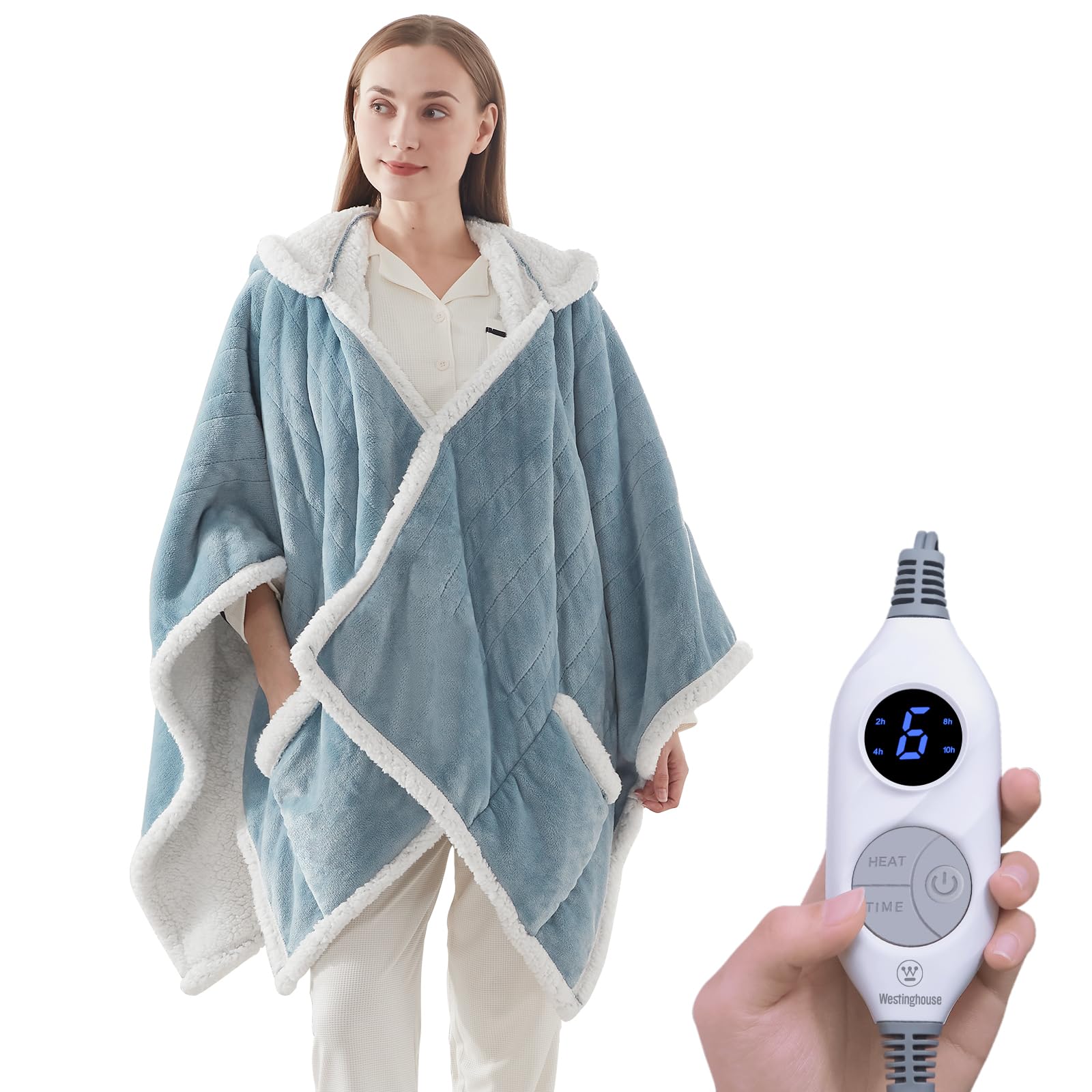 Photo 1 of Westinghouse Wearable Heated Throw Blanket, Electric Heated Wrap Poncho Shawl with Pockets, 6 Heating Levels & 2 to 10 Hours Time Settings, 50 x 60 Inch, Light Blue