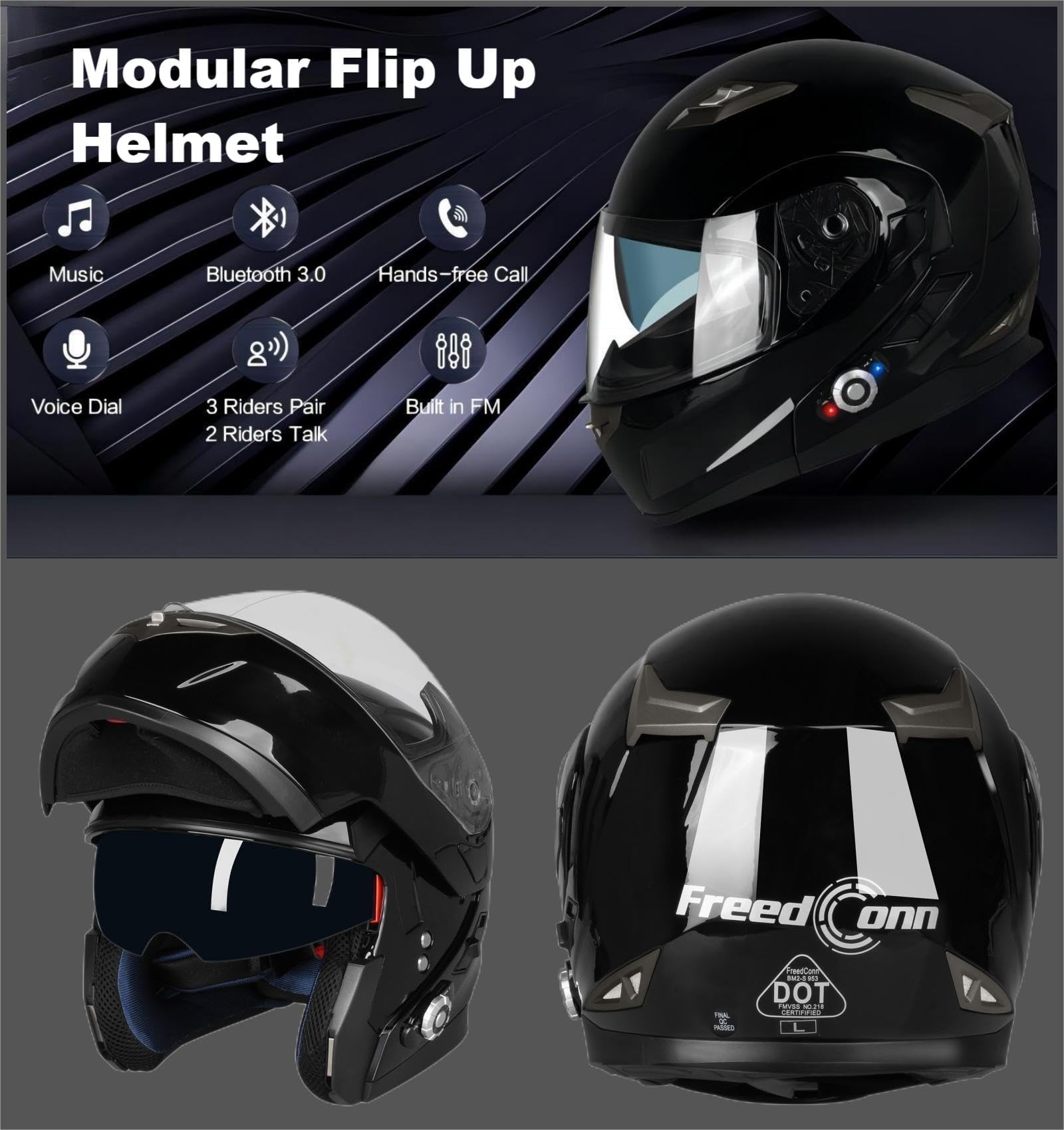 FreedConn BM2-S Bluetooth Motorcycle Helmet, Flip-Up Modular Motorbike Helmet, 500M Connectivity for 2-3 Riders, Voice Dial, Hands-Free Call, MP3, FM, DOT Certified ( X-Large, Gloss Black)