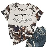 Pairxily Let's Go Girls Cowgirl Shirt Western Cow Skull Country Music Shirts for Women Cute Rodeo Vintage Bleached Tees Tops