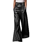 oshoplive Women's Faux Leather Pants PU High Waist Wide Leg Pants with Pockets Pleated Going Out Flare Trousers
