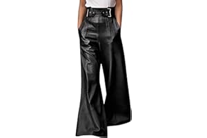 oshoplive Women's Faux Leather Pants PU High Waist Wide Leg Pants with Pockets Pleated Going Out Flare Trousers
