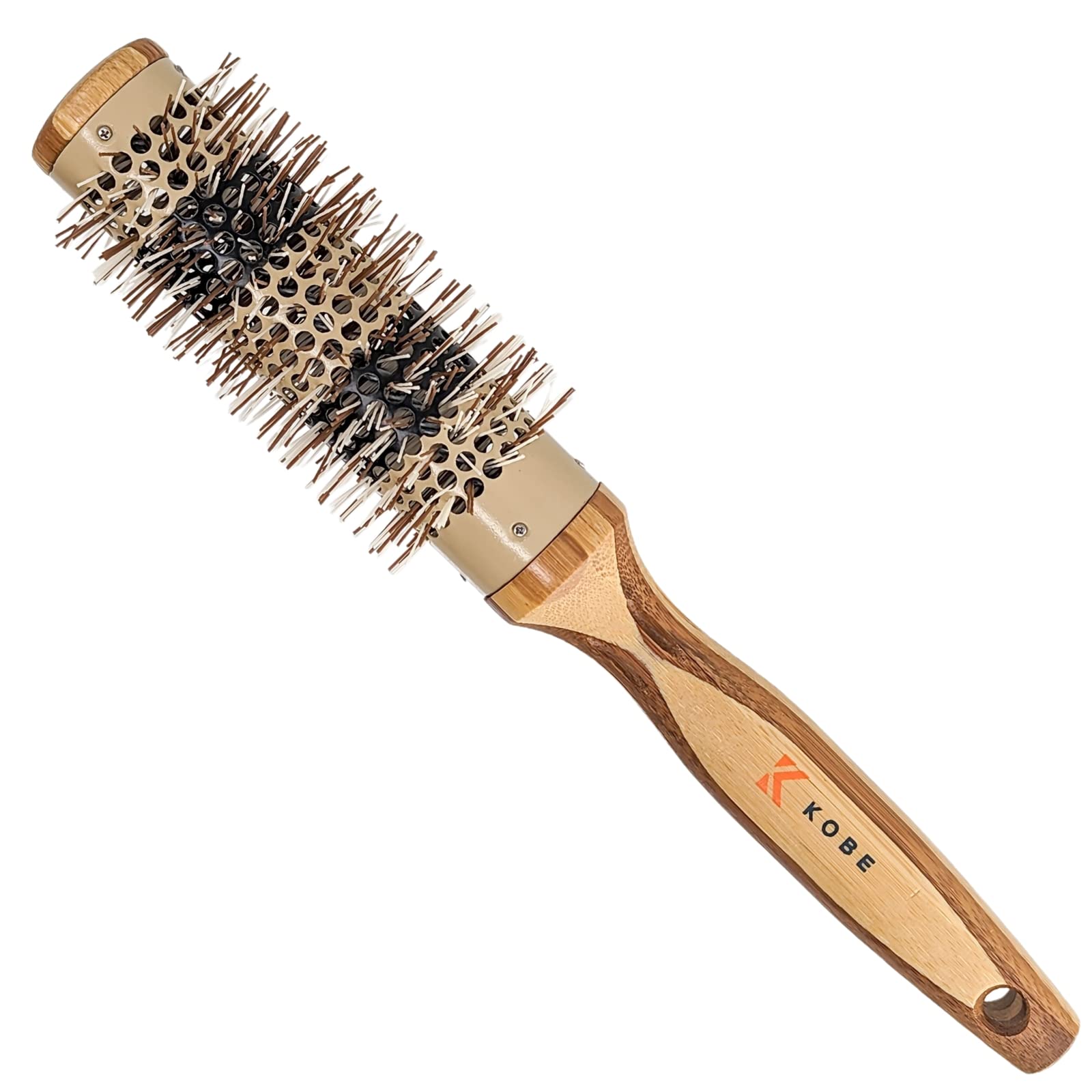 Kobe Pinto Professional Bamboo Thermal Round Brush - Styling Brush for Blow Drying, Curling - Eco Friendly Bamboo Handle - Heat-Retaining Ceramic Barrel (32 mm)