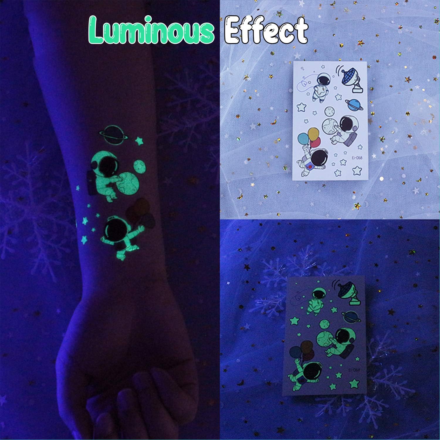 Leesgel Luminous Temporary Tattoos for Kids Space Theme Glow Party Decorations for Boys Girls Birthday Party Supplies Favors Toys Goodie Bag Fillers Games Prizes for Children-(10 sheets) - Image 5