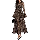 GothDark Womens Floral Maxi Dress Sheer Mesh Bell Sleeve Tiered Ruffle Gothic Romantic Casual Long Dresses