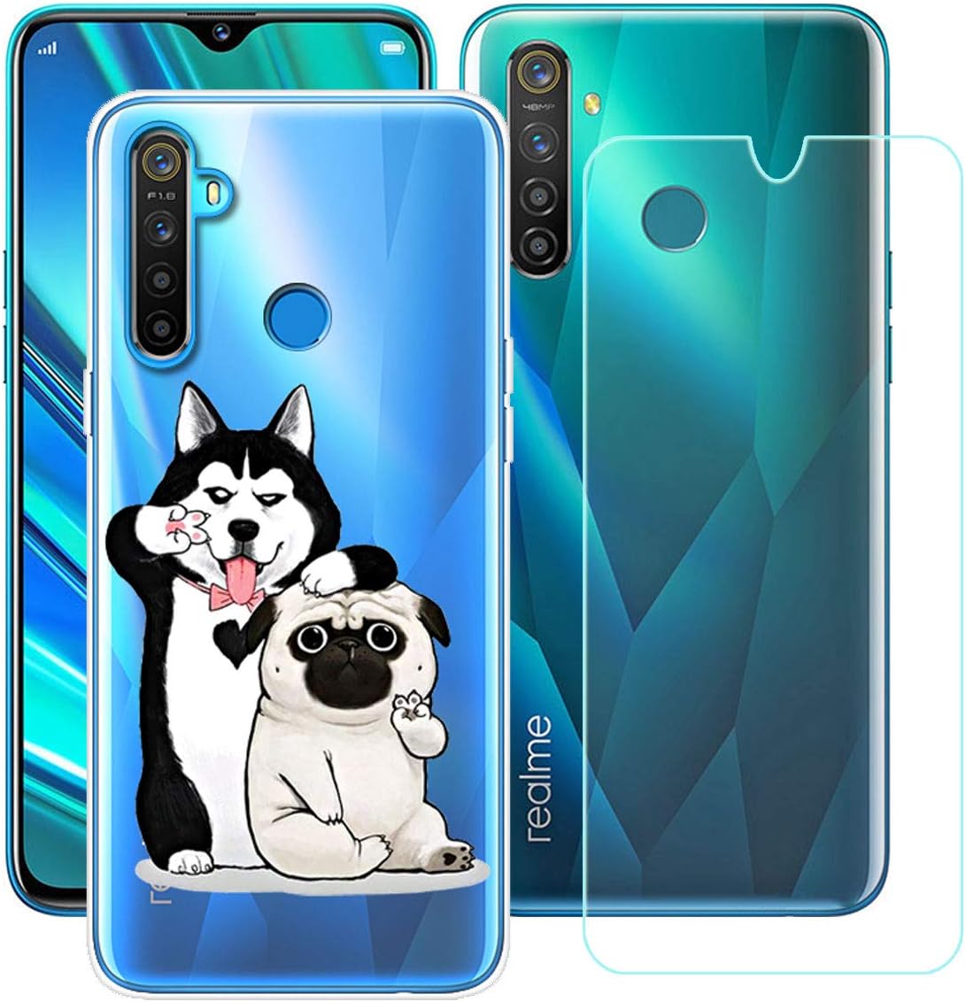 Case for Oppo Realme 5 Pro Cover + Screen Protector Tempered Glass Protective Film - YZKJ Flexible Soft Gel Crystal Transparent TPU Silicone Protection Case for Oppo Realme 5 Pro 6.3" - HY17