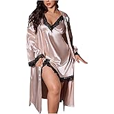 OYOANGLE Women's Plus Size Satin Robe Set Lace Trim Chemise Nightgown and Belted Bathrobe Sleepwear