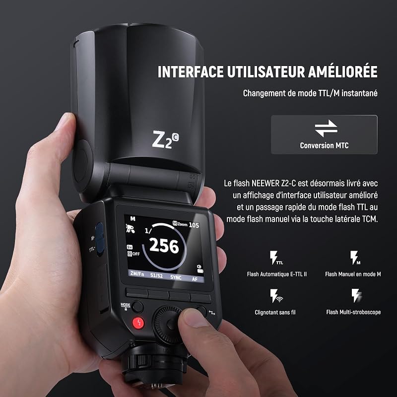 Z2-C Flash Speedlite TTL Tête Ronde 2,4G Compatible avec Canon, Flash Speedlight HSS 1/8000s Nouvelle Interface Utilisateur, 2 Lampes Pilotes, Sélecteur TCM TTL/M,600 Flashs