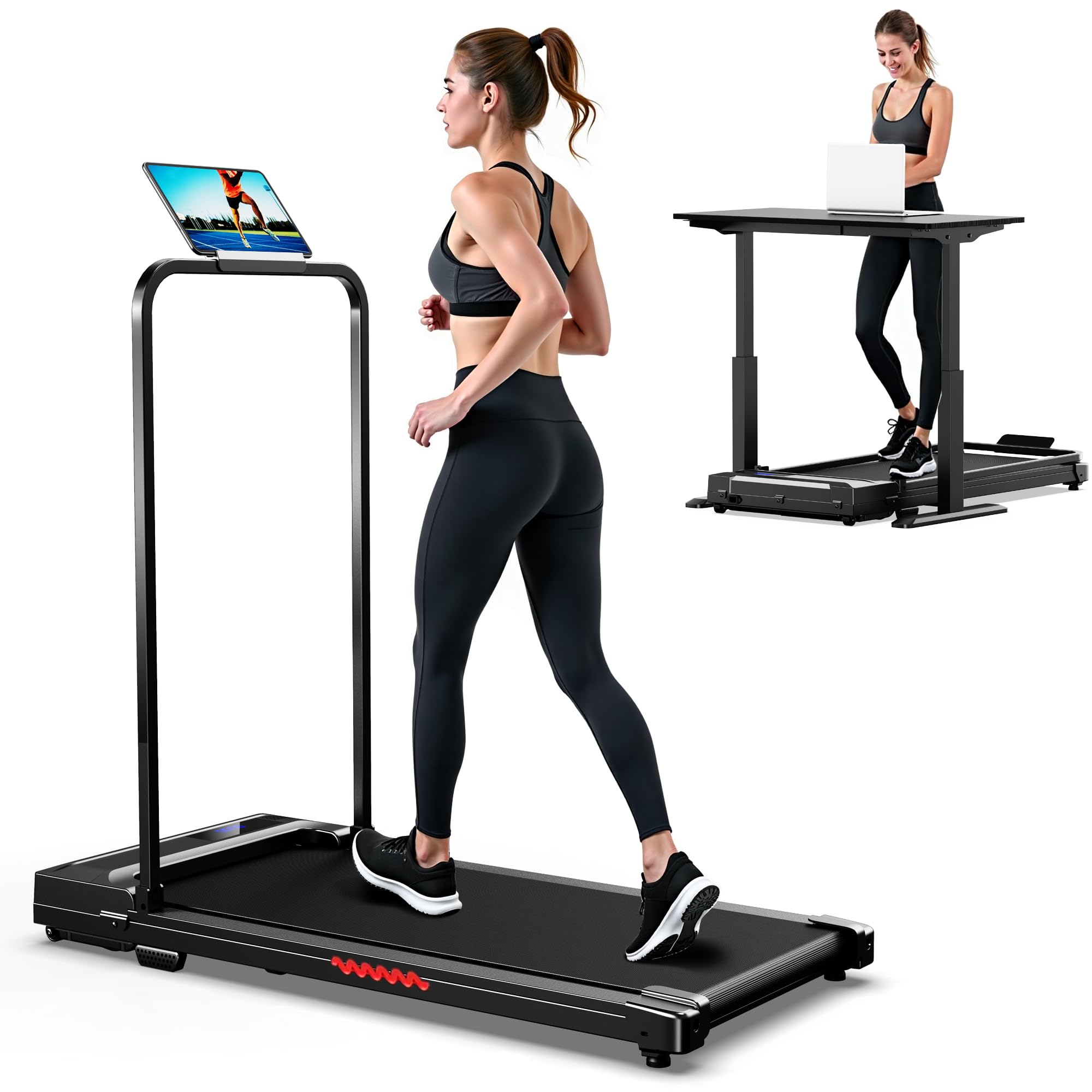 Walking Pad Treadmill for Home - Folding Treadmills with Handle Bar Portable Compact Fold up Indoor Foldable Handles Electric Walk Pads Small Spaces Mini Running Quiet Under Bed Office