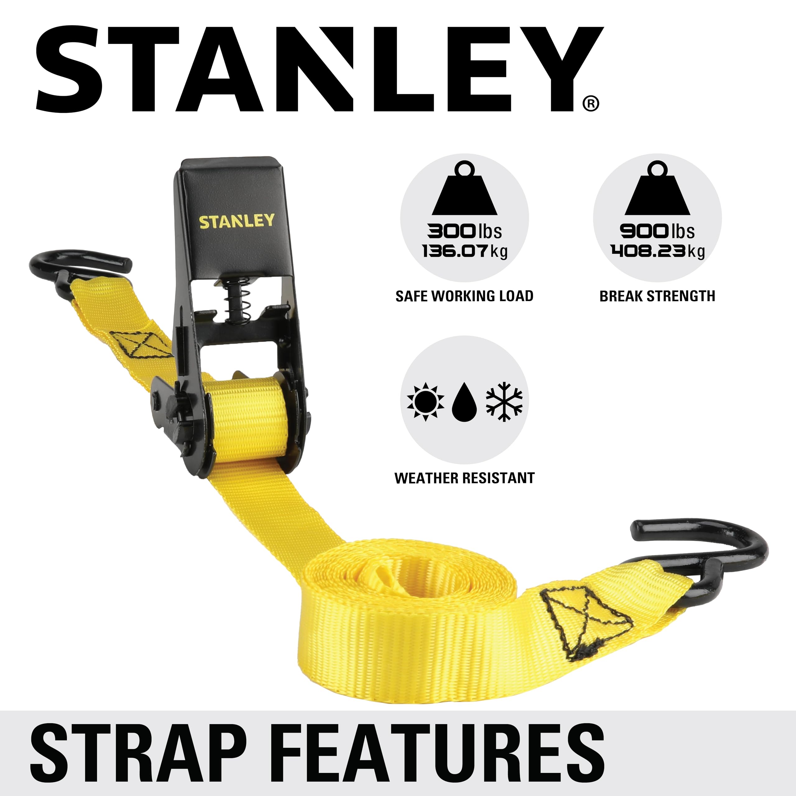 STANLEY S9500 Ratschengurt, 2,5 cm x 3 m, leichte Ladung (136 kg Arbeitslast, 408 kg Bruchfestigkeit), 4 Stück, Schwarz/Gelb 5