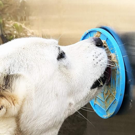 dog licking peanut butter