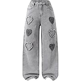WDIRARA Girl's Bowknot Print Washed Jean Elastic Waist Denim Pants Straight Leg Trousers with Pockets