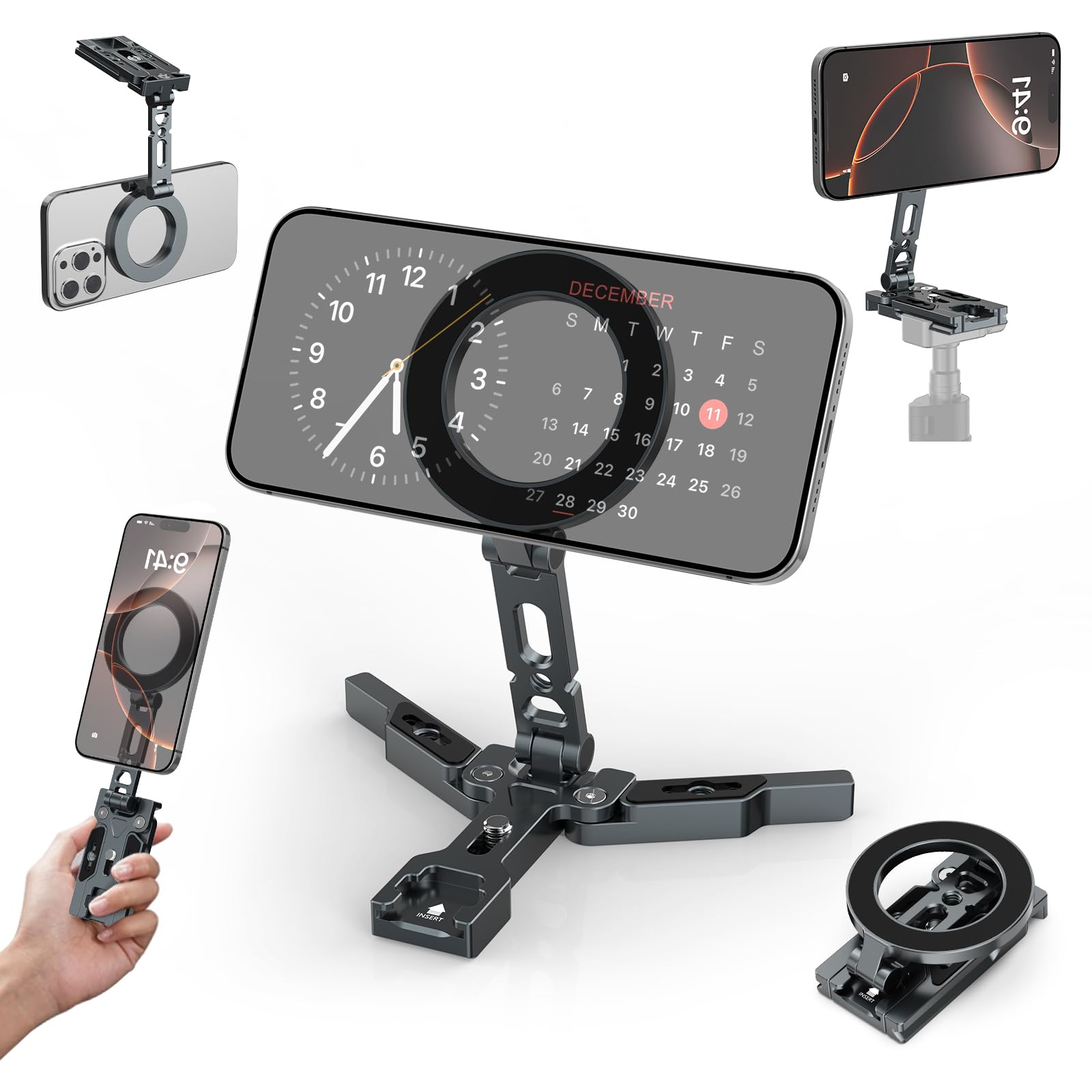 Photo 1 of Magnetic Phone Tripod Stand,Foldable Cell Phone Holder for Magsafe with Arca-Swiss,1/4'' Screw Hole,Cold Shoe Mount,Pocket Mini Aluminum Selfie Stick Tripod Mount for iPhone/Android,Desk,Travel