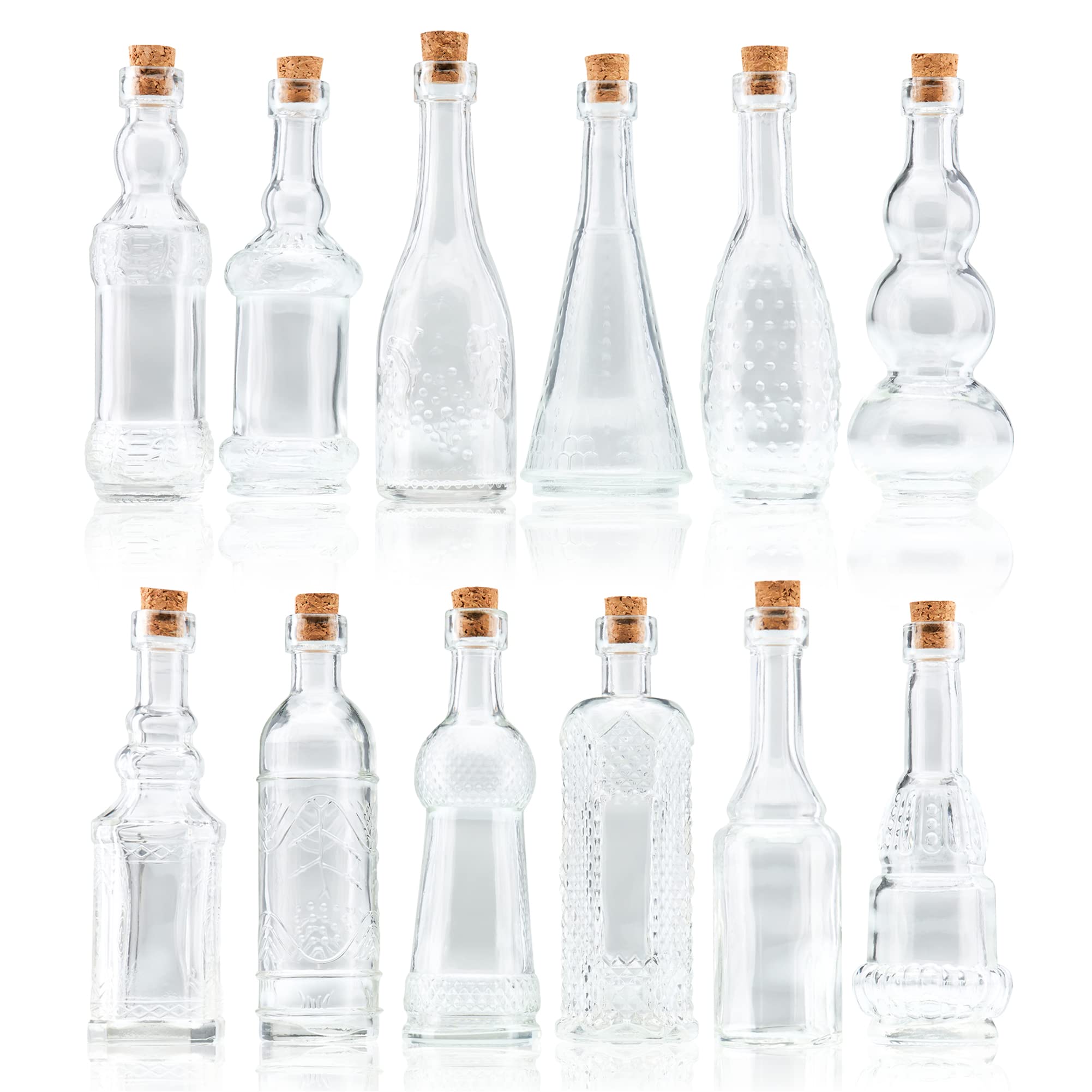 Photo 1 of BULK PARADISE Small Mini Clear Vintage Glass Bottles with Corks, Mini Vases, Decorative, Potion, Assorted Design Set of 12 pcs, 4.6 Inch Tall (11.43cm), 1.4 Inch Wide (3.56cm)