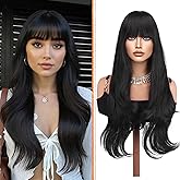 Haloo Black Wigs with Bangs - Long Layered Natural Looking Synthetic Heat Resistant Wavy Hair Wigs for Women Daily Party, 26 Inch