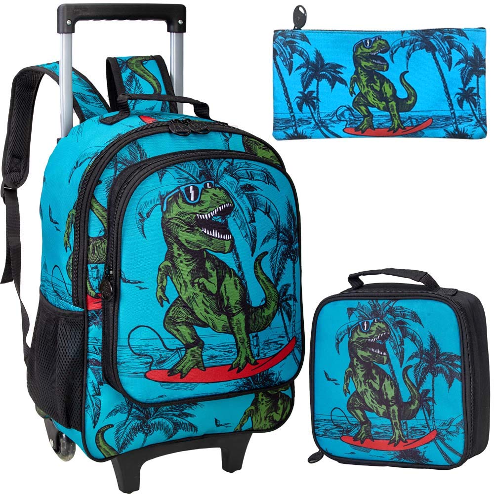Amazon Com 3pcs Rolling Backpack For Boys Wheeled Dinosaur Bookbag With Lunch Box Pencil Case Baby