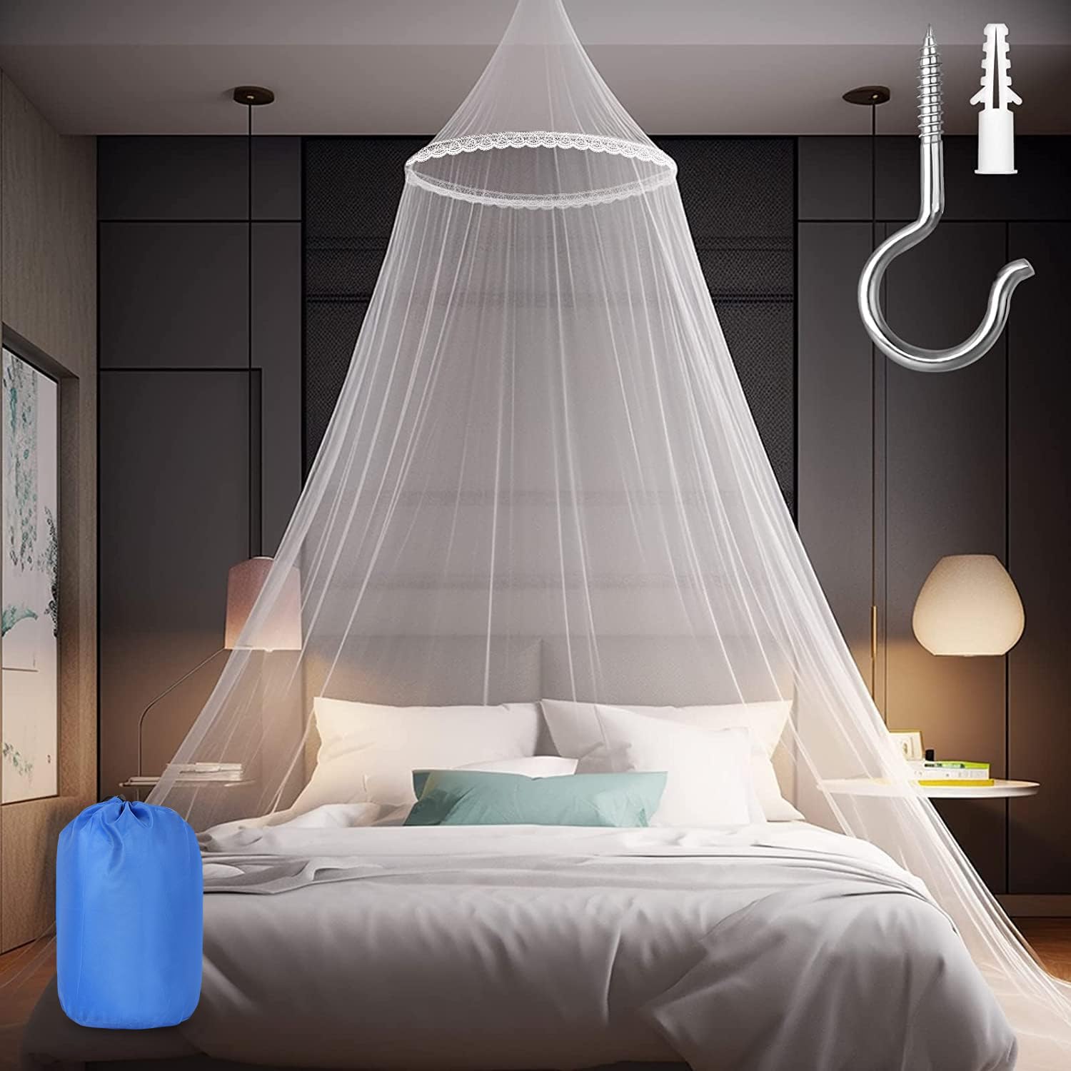 Photo 1 of Sublaga Mosquito Net for Bed, Large White Bed Canopy for Girls, Hanging Bed Net, Easy Installation Ideal for Bedroom Decorative, Travel with Storage Bag (Lace Flower)