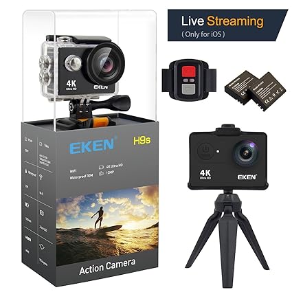 EKEN H9s 4K CÃ¡mara de AcciÃ³n CÃ¡mara Deportiva a Prueba de Agua Full HD Wifi con Video 4K30/ 1080p60/ 720p120fps Foto 12MP y Lente de Gran Ãngulo 170 grados incluye Kit de 17 Monturas (Negro)