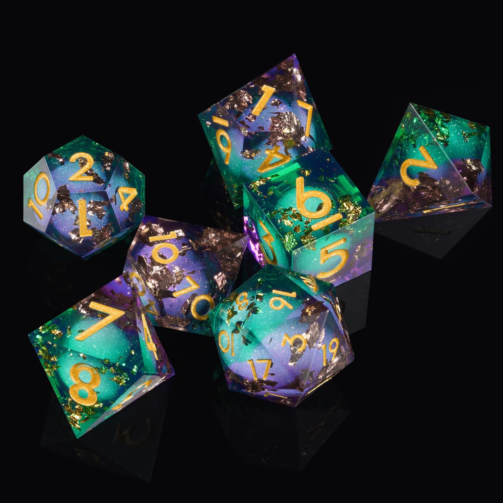 ORUZA 7 PCS Polyhedral Liquid Core DND Dice, Resin Sharp Edge Quicksand D&D Dice Set for Dungeons and Dragons RPG MTG Role Playing Game Dice D20 D12 D10 D8 D6 D4 D%