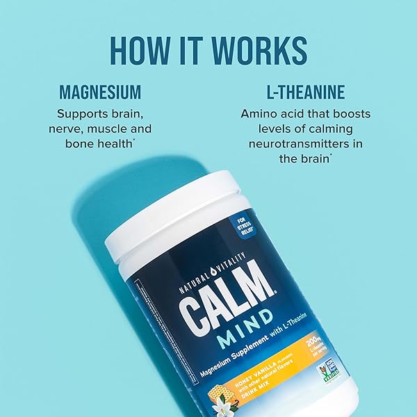 NATURAL VITALITY CALM MIND, MAGNESIUM CITRATE + L-THEANINE POWDER, SUPPLEMENT FOR STRESS RELIEF, GLUTEN FREE & VEGETARIAN, HONEY VANILLA, 12 OZ.