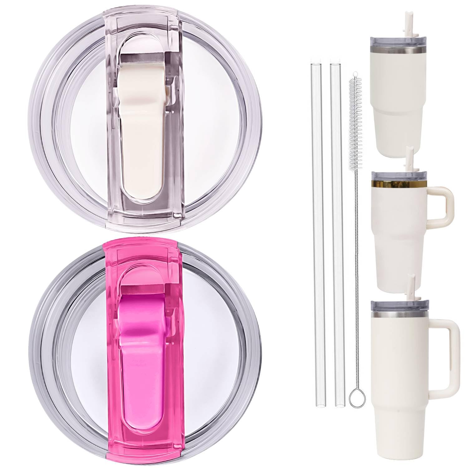 Photo 1 of 2PC Replacement Leak Proof Tumbler FLIP Lid With Straw - Fit For Stanley ProTour Quencher and Quencher H2.0 20oz,30oz Tumbler (CREAM-B AND PINK, 20oz and 30oz)