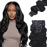 IDN BEAUTY Seamless Clip In Hair Extensions Human Hair, Body Wave 14 Inch 110g 7pcs Natural Black Real Virgin Human Hair Seamless Clip Ins For Black Women PU Weft Invisible Edge