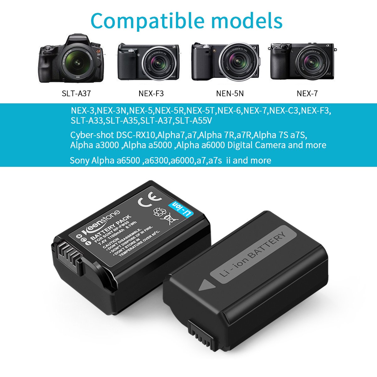 NP FW50 keenstone Camera Battery (2-Pack) and Rapid Dual Charger for Sony NEX 3/5/7 series, SLT-A series, Alpha series (Micro USB Input Charger, 1100mAh, Air Dust Blower Included)