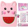 Sicbanna Cat Diary with Lock and Keys for Girls, Kids Journal School Travel Notebook Gift Set for Writing and Drawing, Secret Diary with Pencil Case Multicolored Pen Stickers Keychain