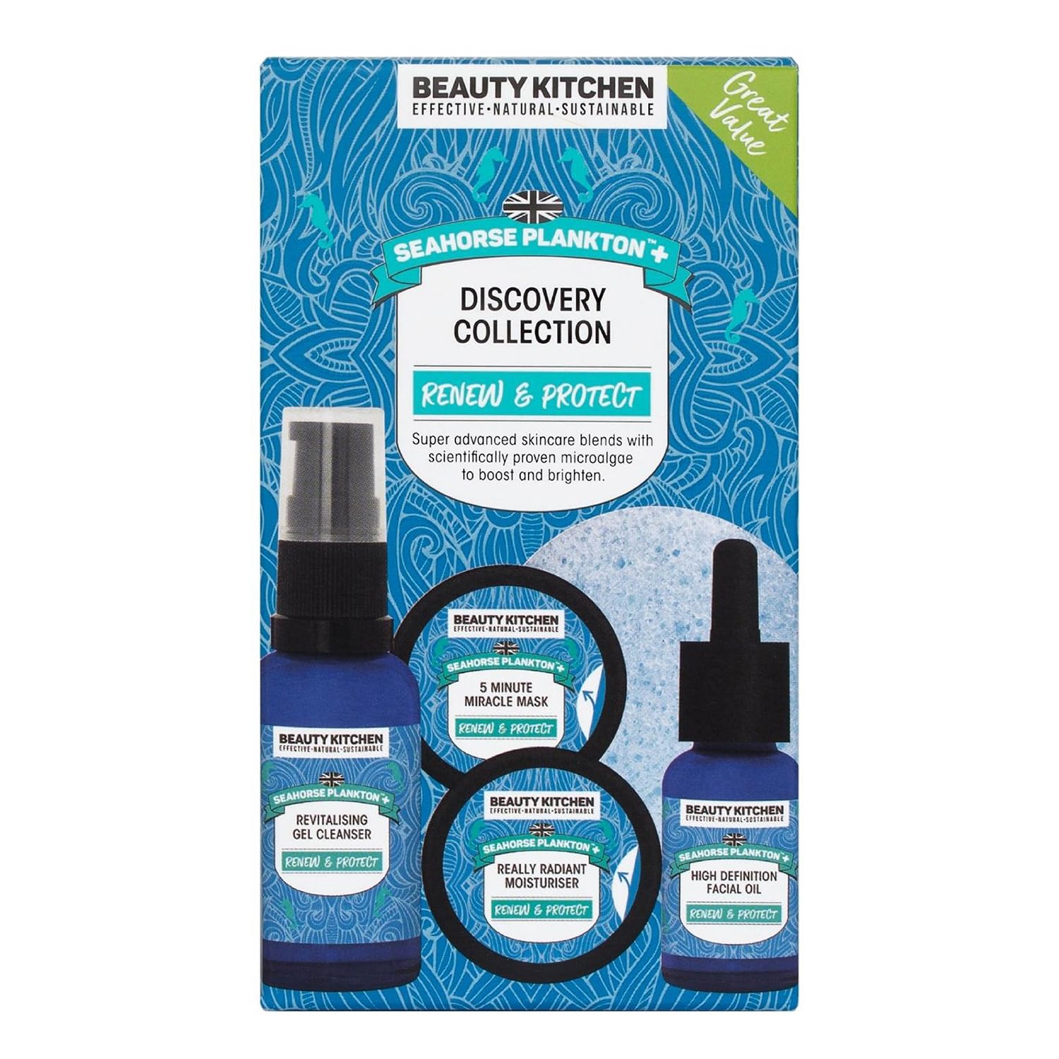 Beauty Kitchen - Seahorse Plankton + Discovery Collection - Hydrating Moisturiser, Cleanser, Mask, Oil & Sponge - For Fine Lines, Wrinkes & Uneven Skin Tone - Vegan/Cruelty Free