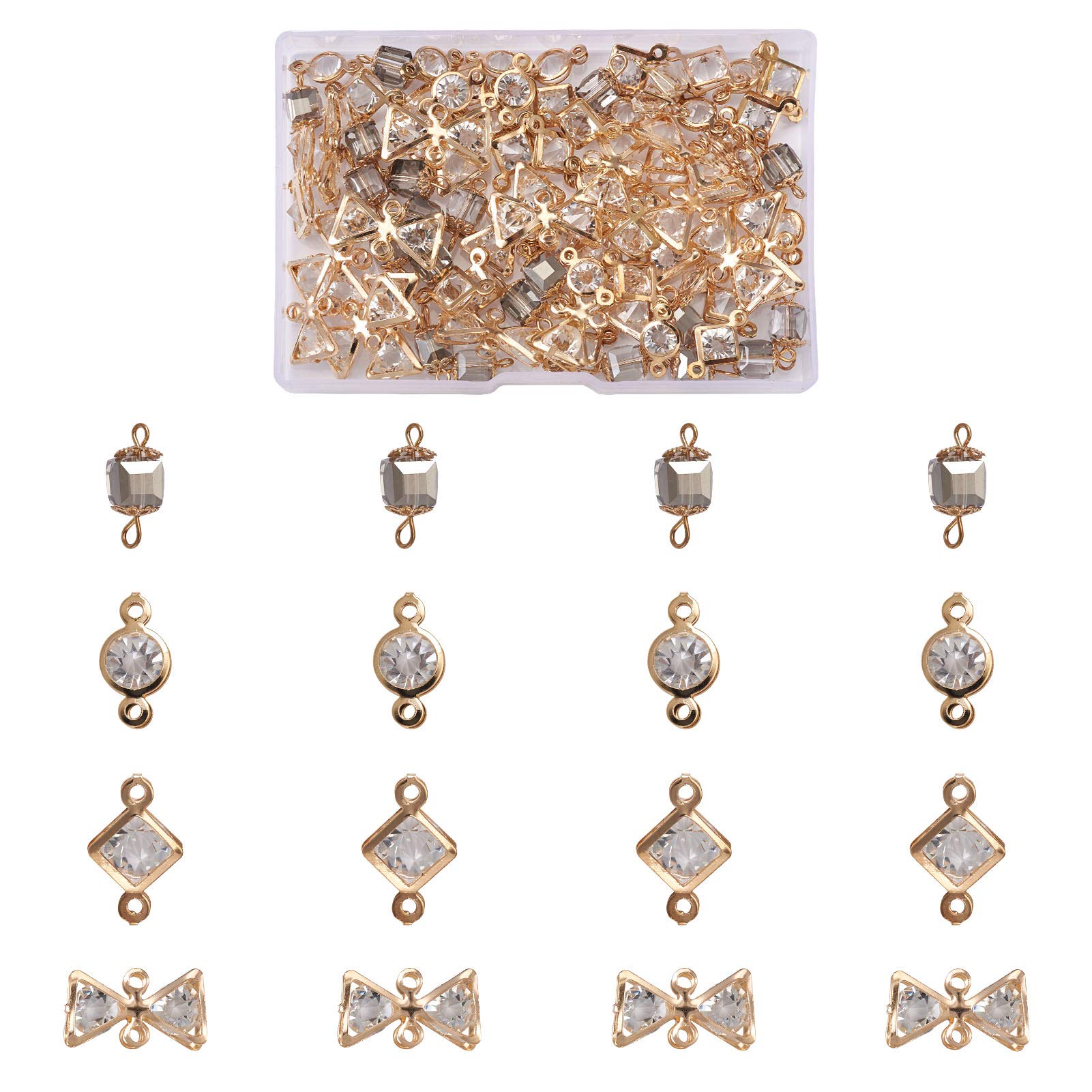 Beadthoven 80pcs Glass Crystal Link Charms 4 Styles Round Bowknot Rhinestone Diamante Pendants Jewelry Connector with Light Gold Metal Frame for Jewelry Making