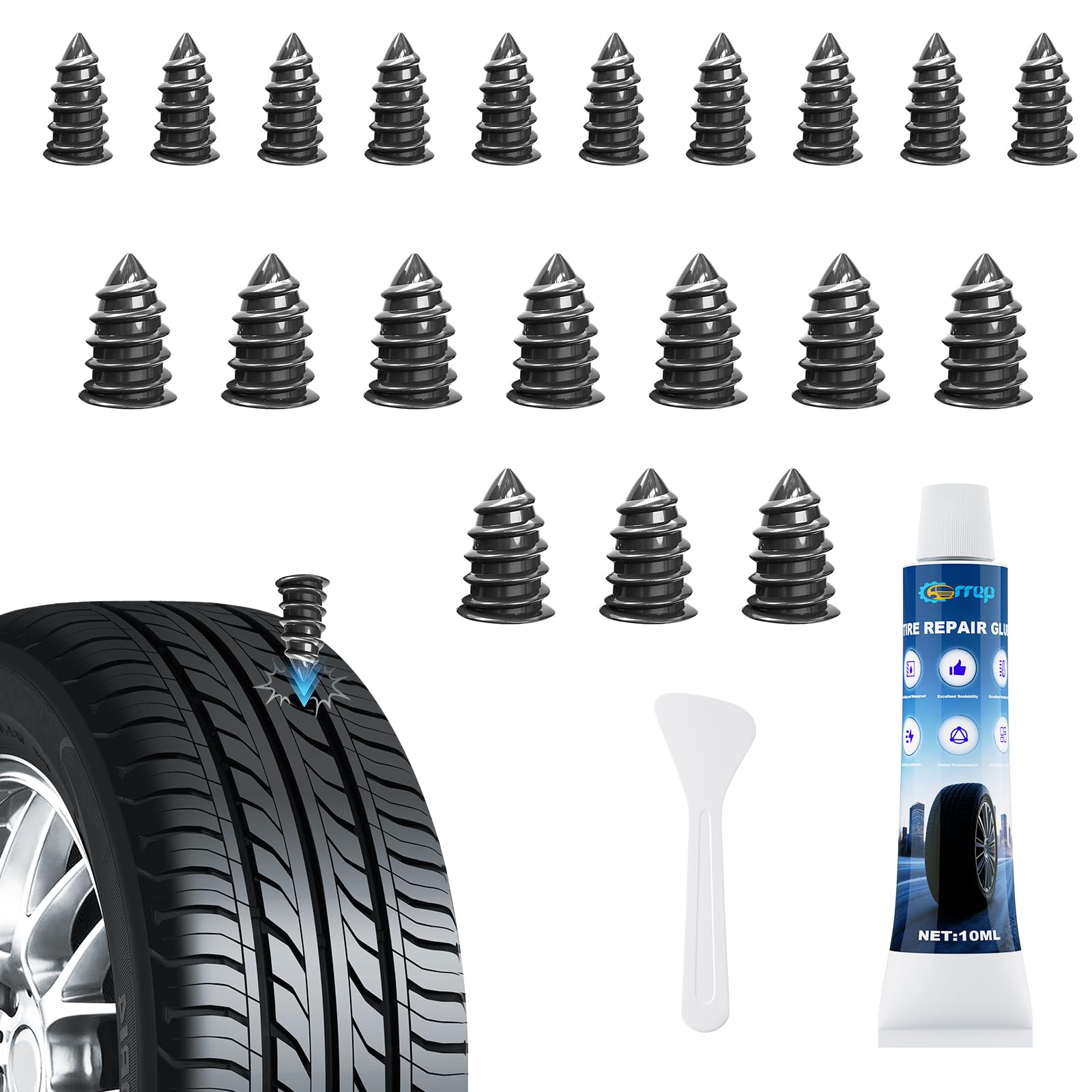 Photo 1 of **PARTIAL SET MISSING PIECES** Tire Repair Kit Rubber Nails Plug Kit, Flat Tire Plug Kit 2 Sizes Screw in Tire Repair Plugs, Fast Self-service Tire Repair Tools First Aid Kit - Portable for Roadside Emergencies (10S+10L+1X10ML)
