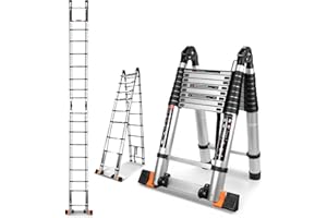 SINMEIRUN Telescoping Ladder A-Frame,18.5FT Multi-Purpose Extension Ladder with Stengthened Joint Stabilizer Bar,Portable Ladder with Wheels for Indoor Outdoor 330lbs Capacity