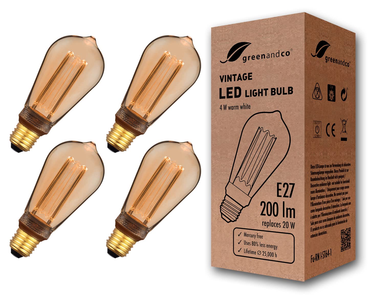 greenandco 4X Decorative LED Vintage Light Bulb | E27 ST64 | Amber | 4W 200lm | 1800K Extra Warm White | 320° | 230V | Flicker Free | Not Dimmable