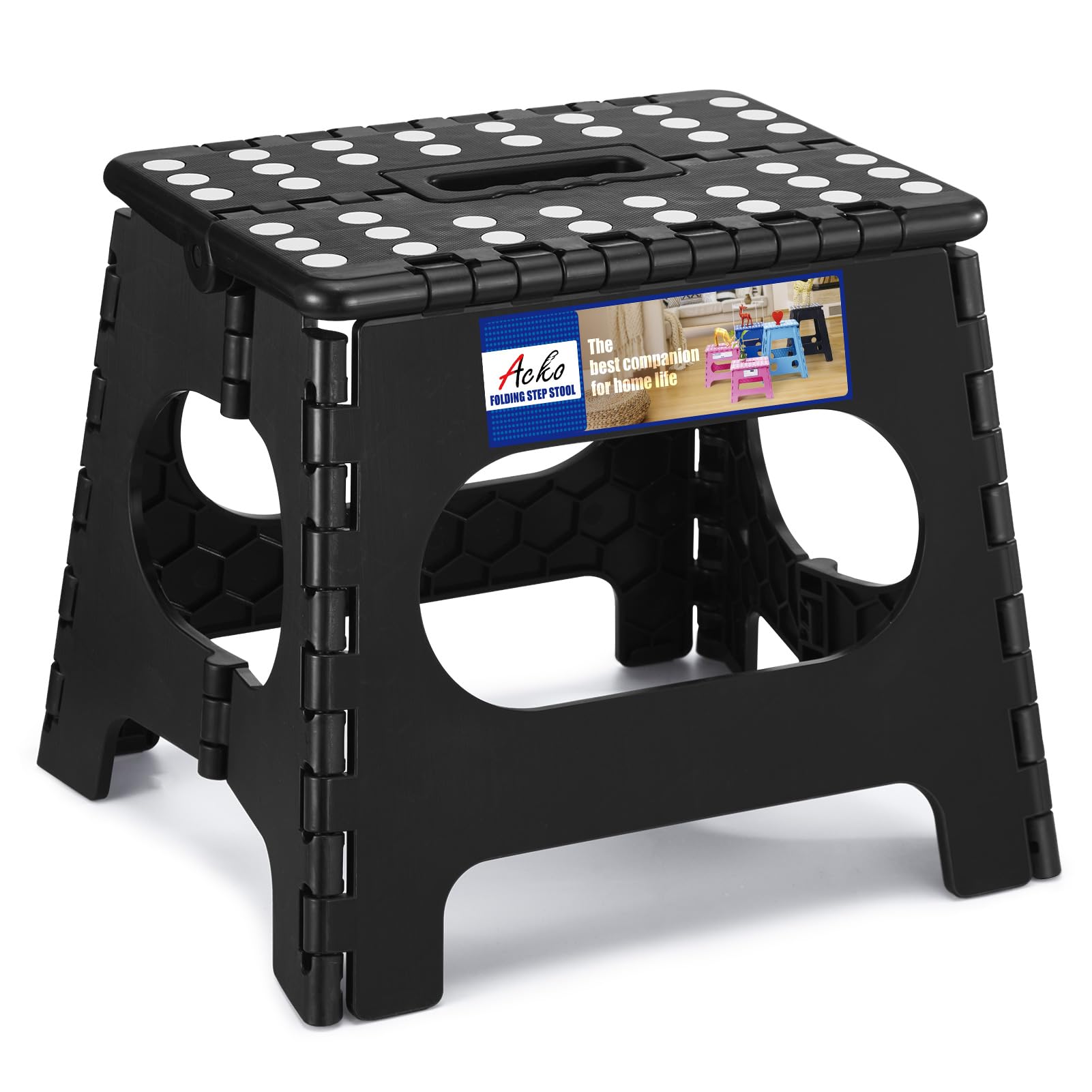 Photo 1 of ACKO Folding Step Stool Foldable Step Stools for Kids, 11 Inch Foot Stool Black Plastic Step Stool with Portable Handle Small Stool Hold up to 300lbs for Bathroom, Kitchen 1PC