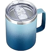 MEWAY 12oz Coffee Mug With Handle and Sliding Lid,Stainless Steel Travel Tumbler Cup with Handle,Double Wall Vacuum Insulated Camping Cup for Hot & Cold Drinks Tea (Blue Waves,Set of 1)